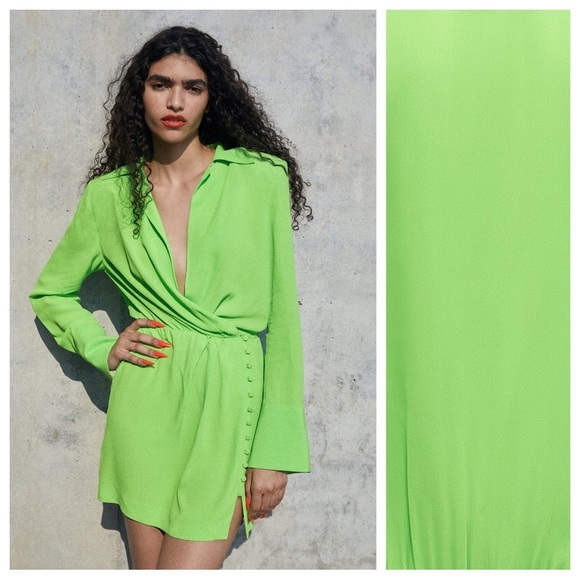🌹NWT. Zara Neon Green Collared Mini Dress with Surplice V-neckline. Size M - Picture 1 of 12